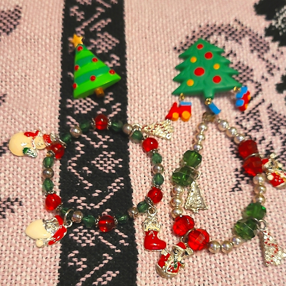 Vintage Christmas Tree Brooches and Christmas Charms Bracelets lot